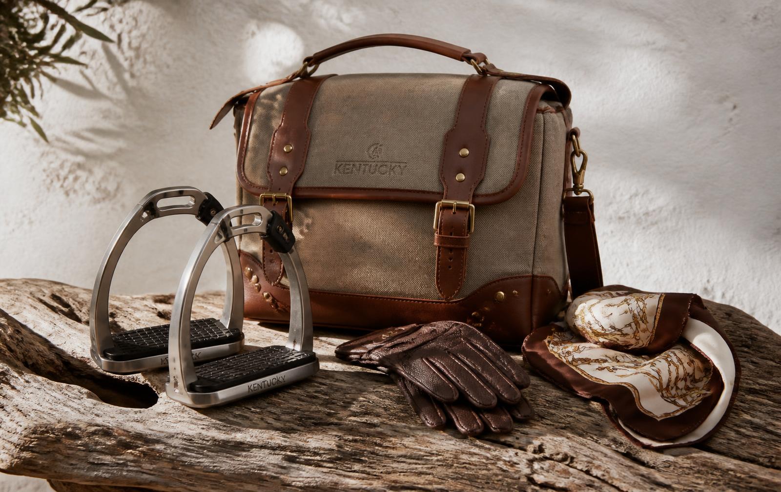 Riding bag, magnetic safety stirrups, gloves and a hat silk on a driftwood table